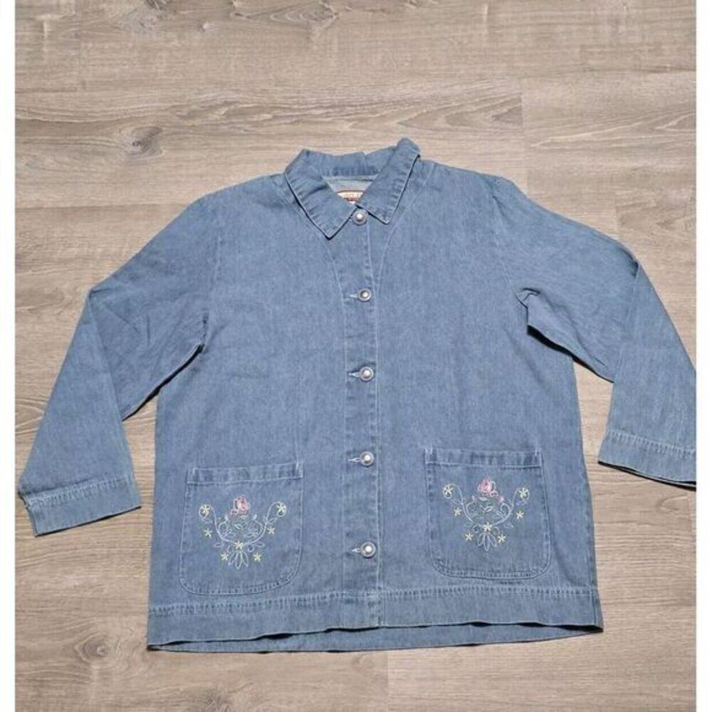 VTG Tudor Court By Haband Women's Blue Denim Floral Embroidered Shacket‎ Sz XL